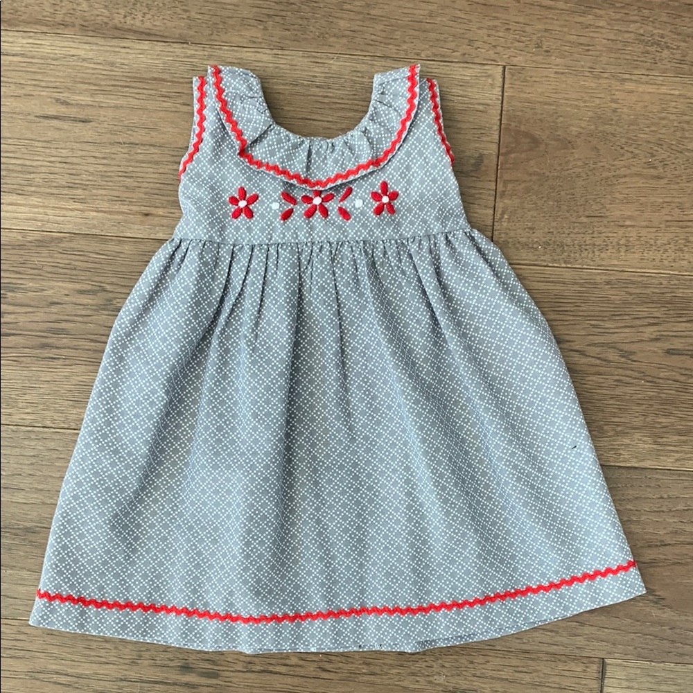 Gray and Red Pleated Ruffled Knee-Length Sundress